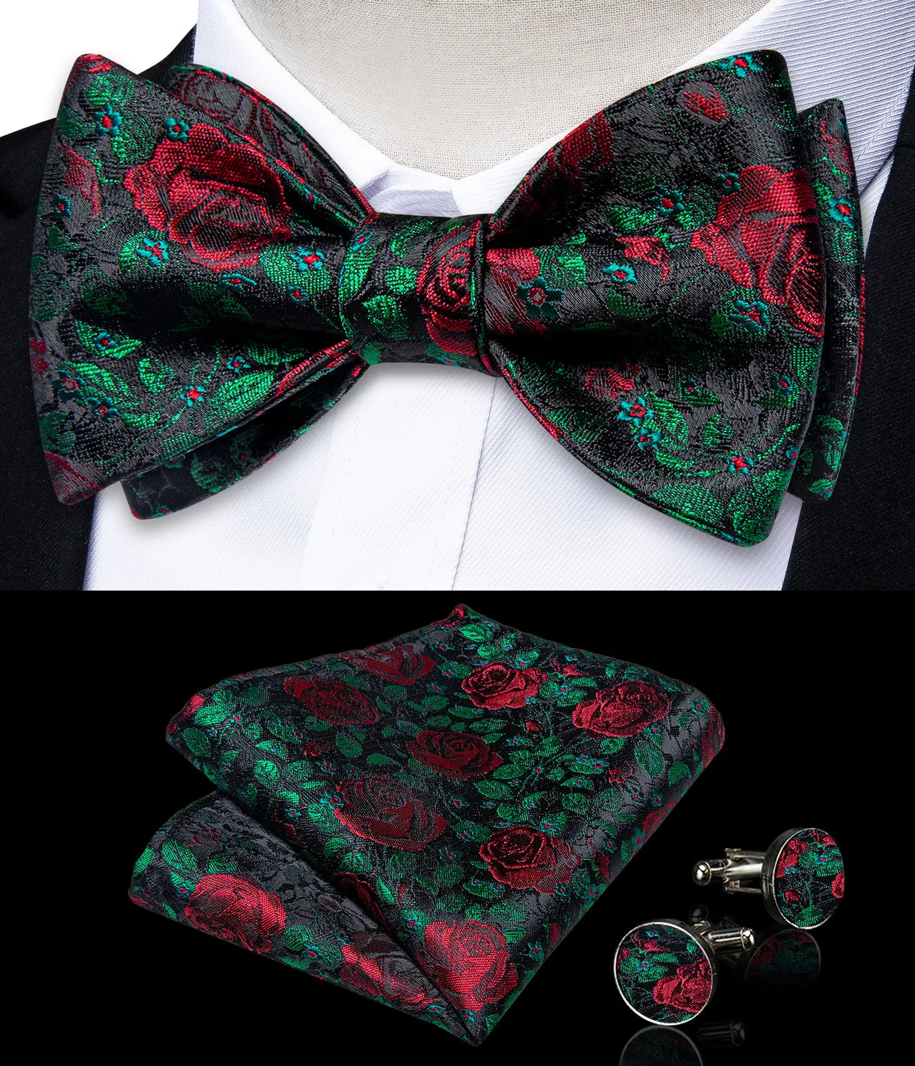 Green Red Floral Self-Bowtie Pocket Square Cufflinks Set